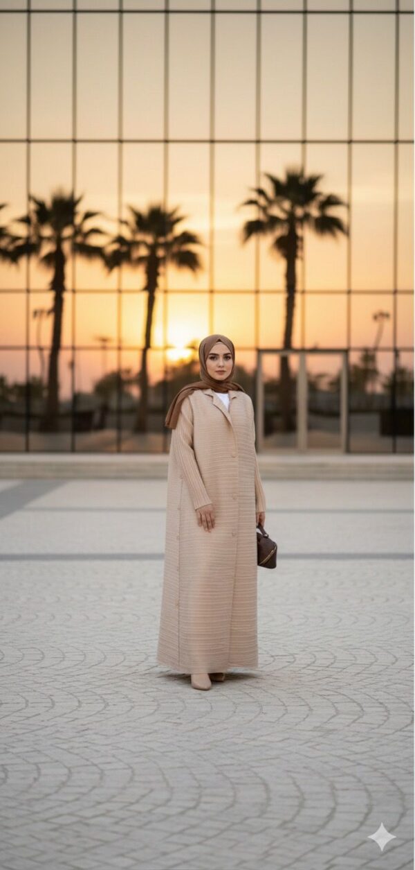Beige Solid Buttoned Pleated Abaya