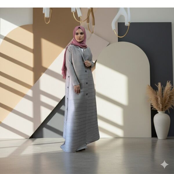 Grey Solid Pleated Buttoned Abaya