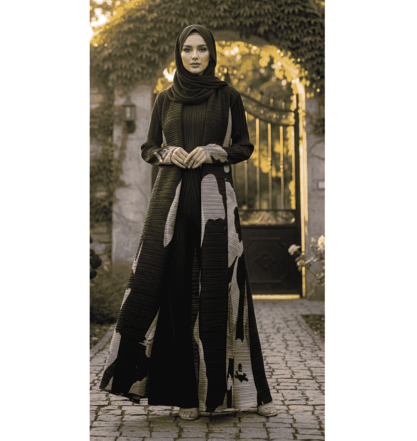 Black and Lavender Floral Pleated shrug abaya
