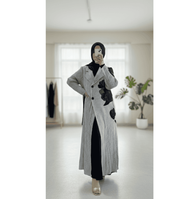 Checked Grey and black floral coat style abaya